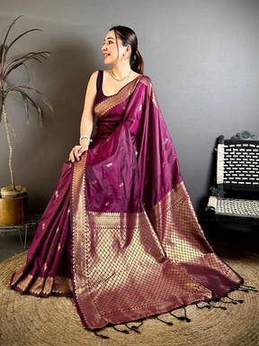 Wine Soft Banarasi Silk Small Zari Border Saree