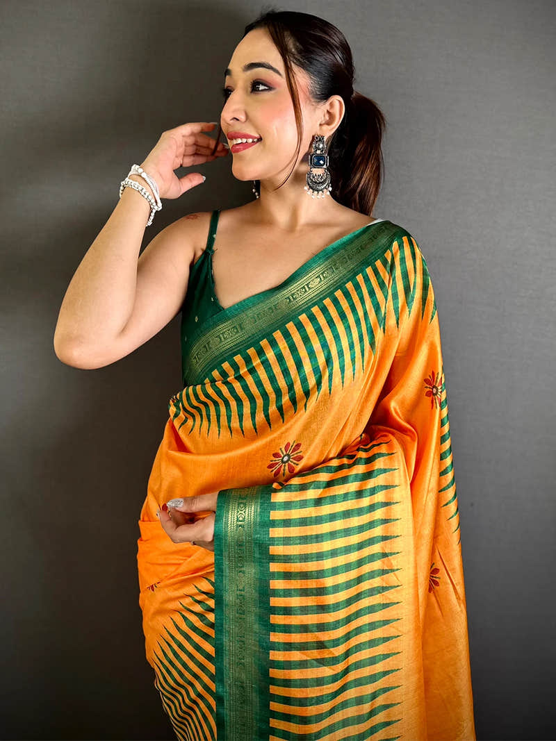Yellow Soft Silk Checks Pattern Saree