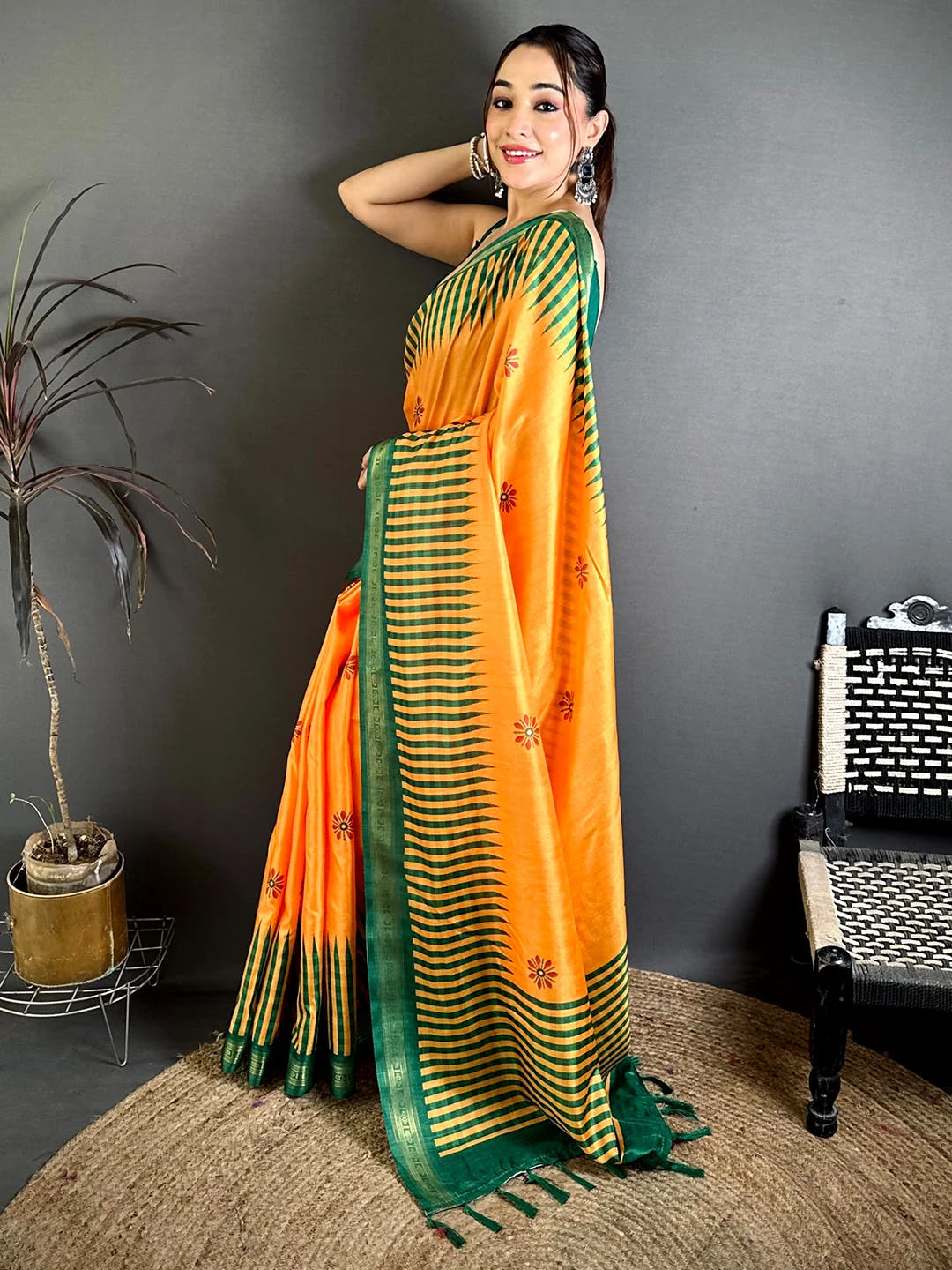 Yellow Soft Silk Checks Pattern Saree