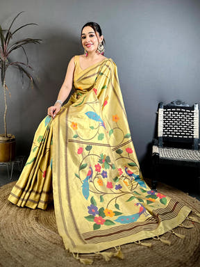 Golden Yellow Yeola Paithani Zari Designer Saree