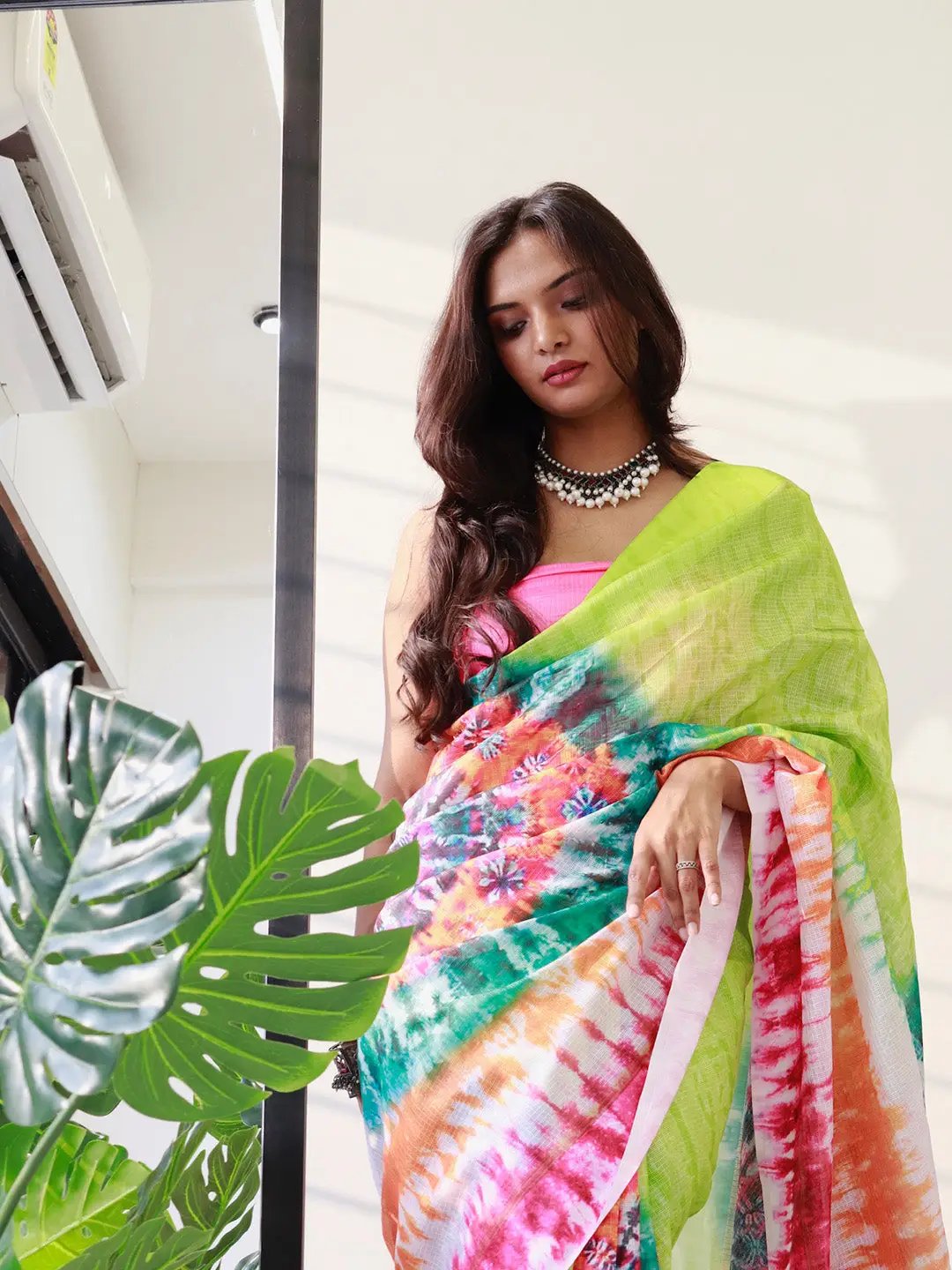 Close-up of lime tie dye satin Kota Doriya saree design