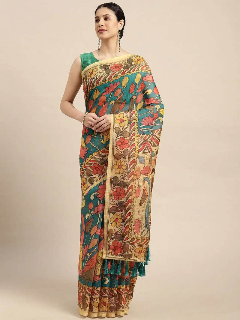 Beautiful Digital Print Kalamkari Design Soft Linen Saree
