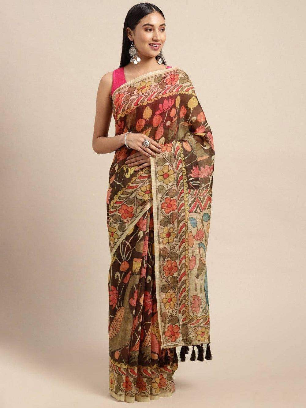 Digital Print Kalamkari Linen Saree