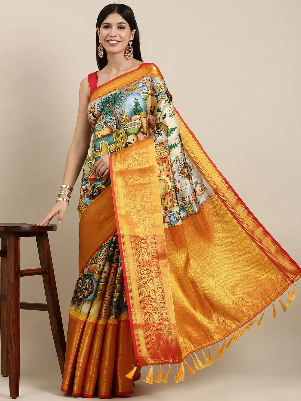 Soft Linen Kalamkari Block Print Sarees