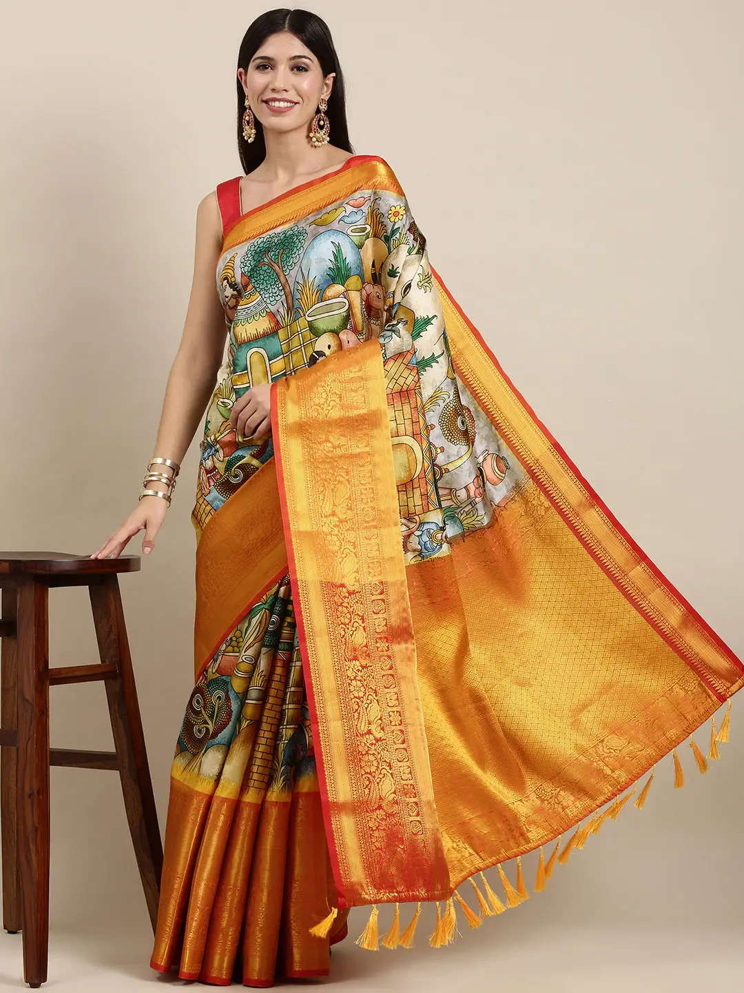 Soft Linen Kalamkari Block Print Sarees