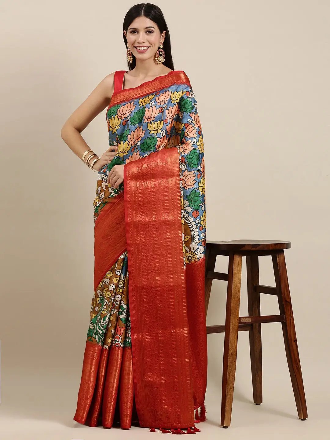 Digital Kalamkari Print Pattu Banarasi Silk Saree