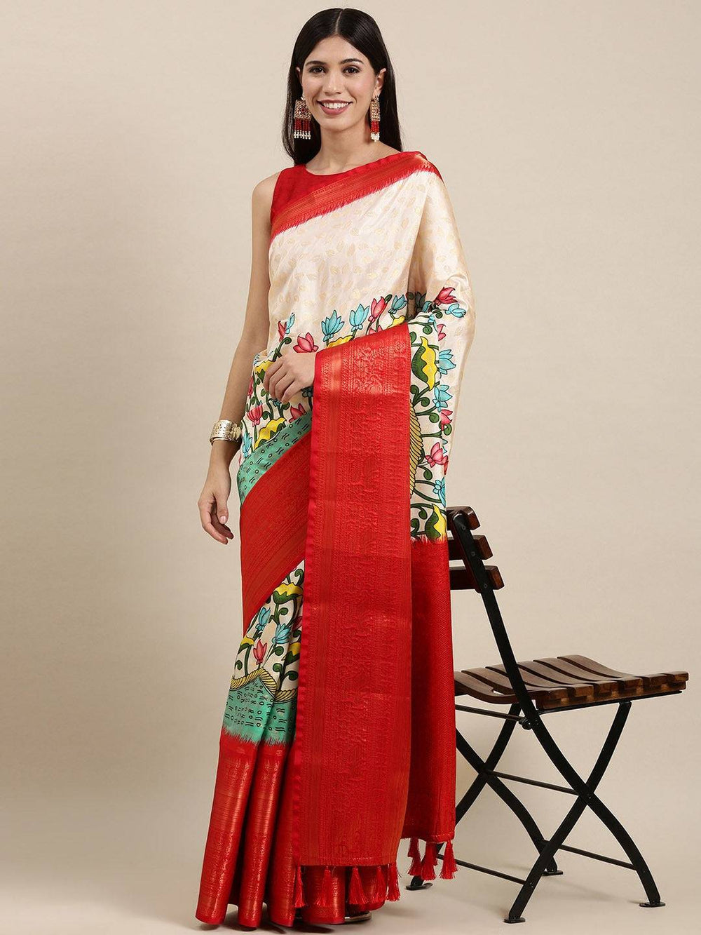  Digital Kalamkari Print Pattu Banarasi Silk Saree