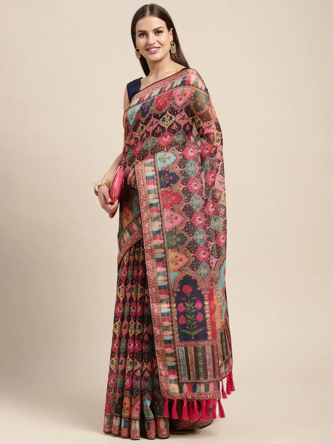 Soft Linen Kalamkari Block Print Sarees