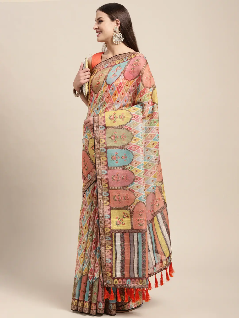 Soft Linen Kalamkari Block Print Sarees