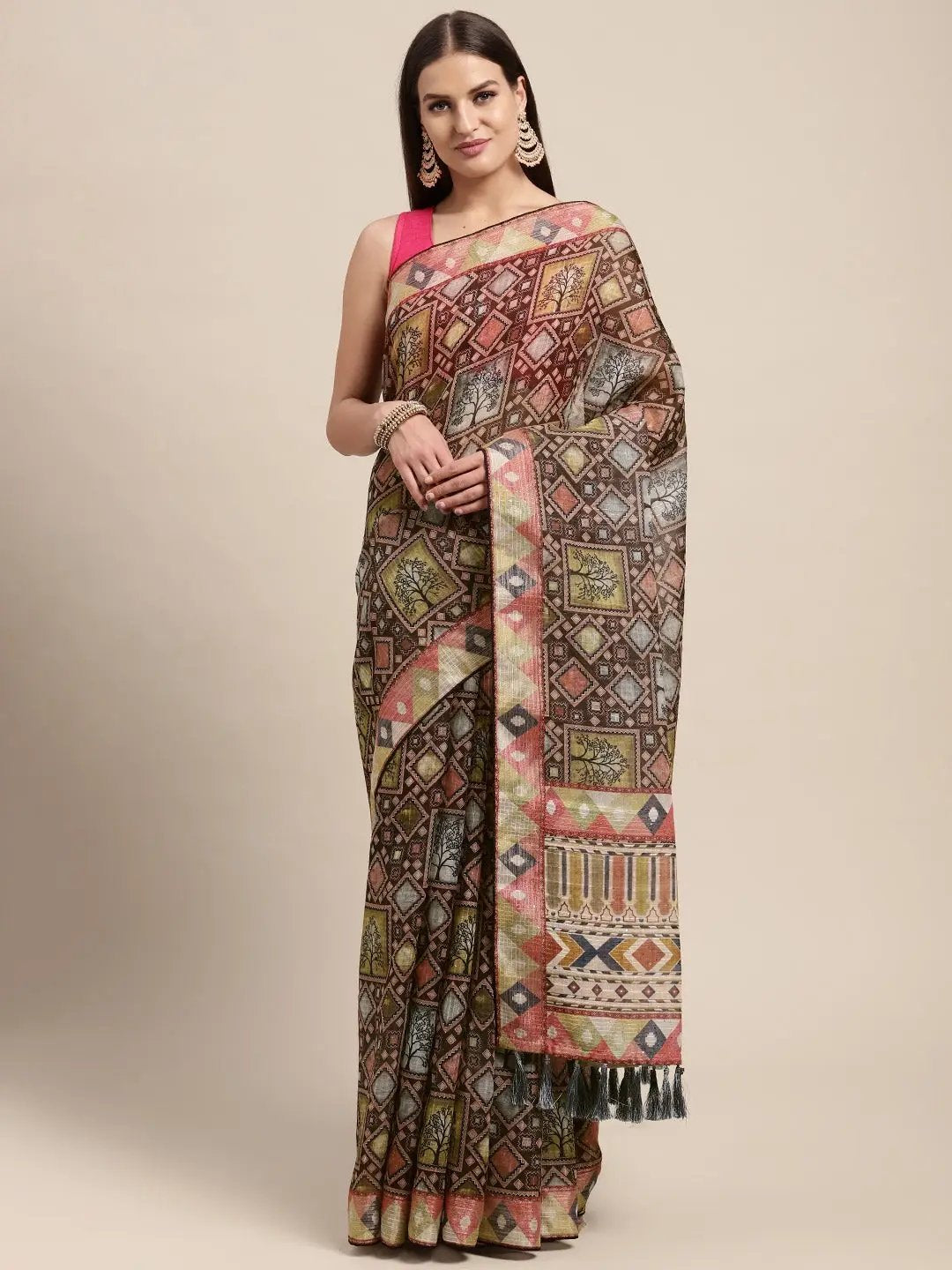 Soft Linen Kalamkari Block Print Party Wear Saree