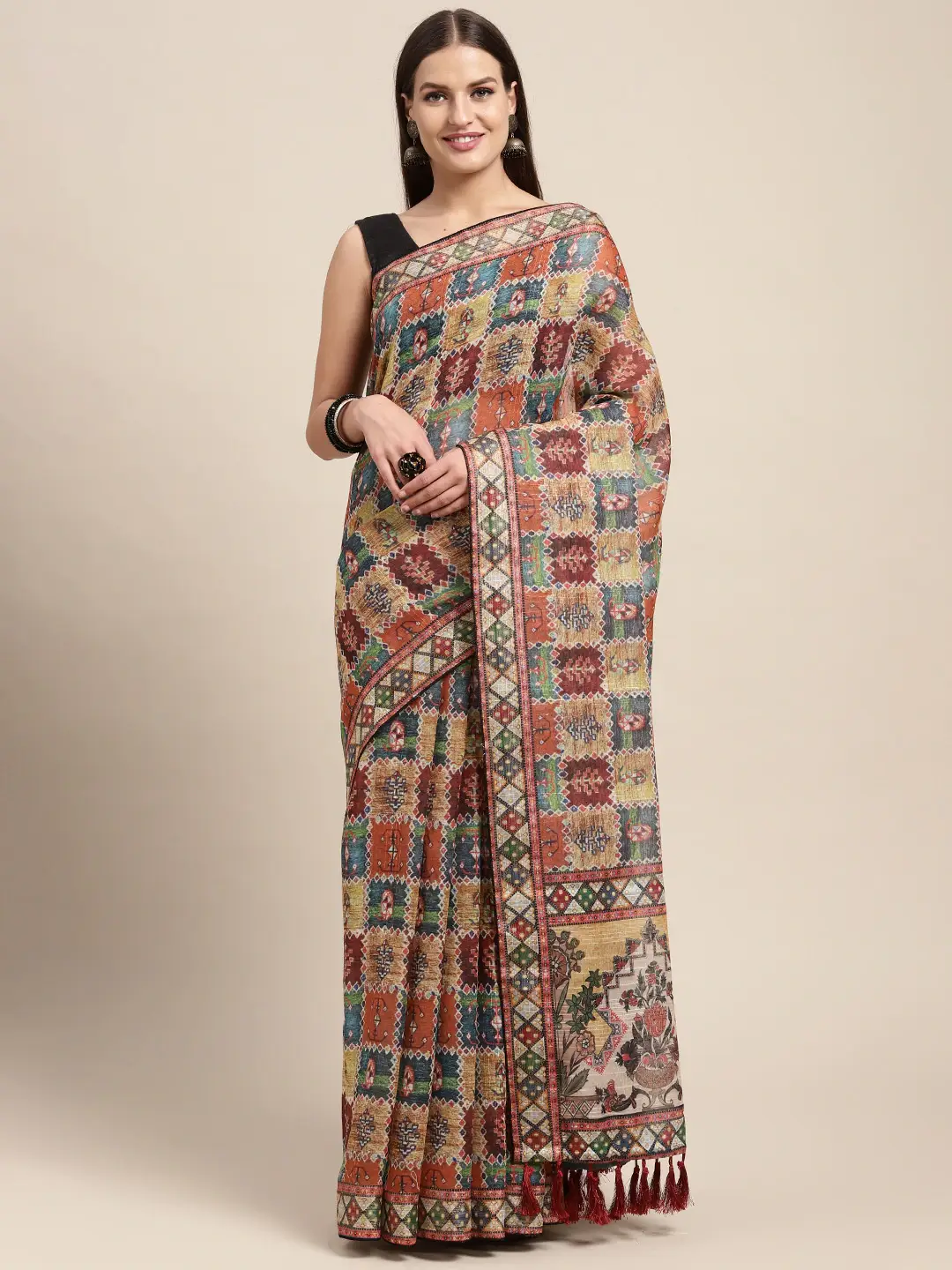 Soft Linen Kalamkari Block Print Sarees