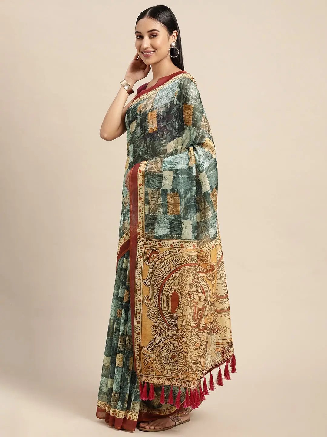Digital Print Kalamakri Desine Soft Linen Saree
