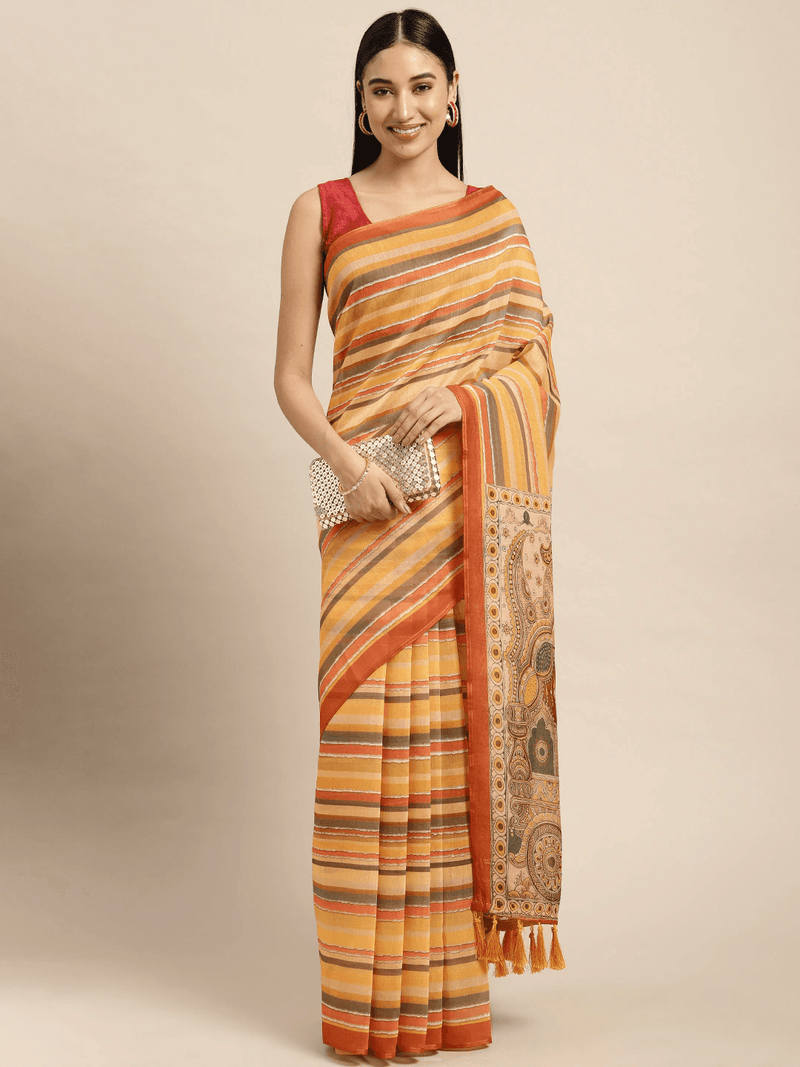 Traditional Digital Print Kalamkari Design Soft Linen Saree