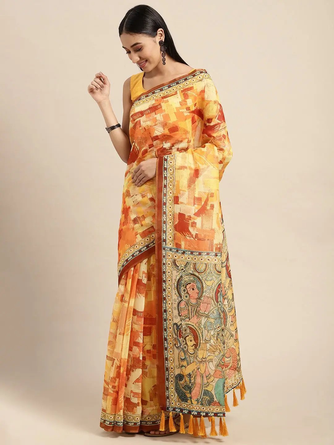 Stylish Digital Print Kalamakri Desine Soft Linen Saree
