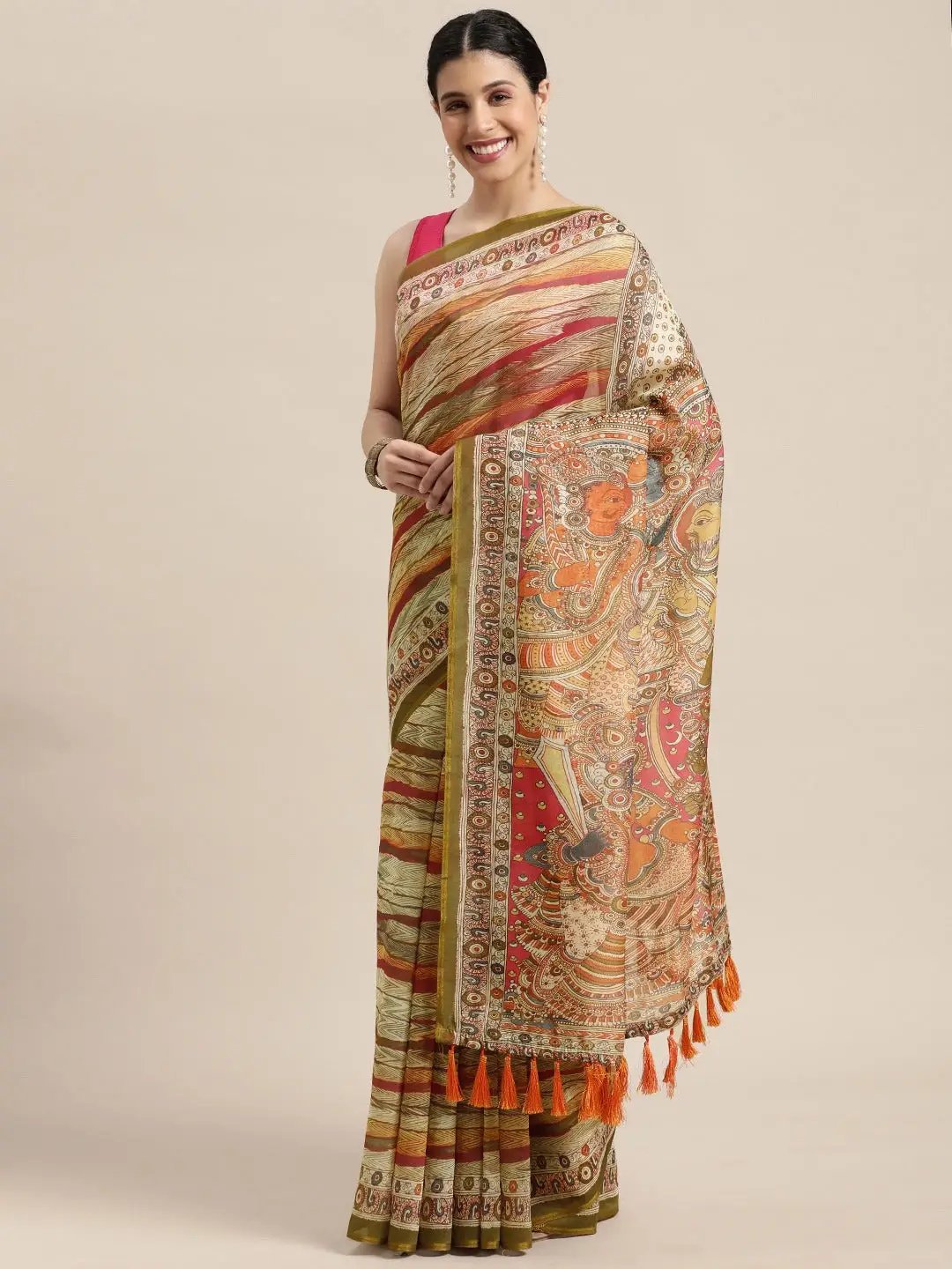 Kalamakri  Digital Print Soft Linen Saree With Zari border 