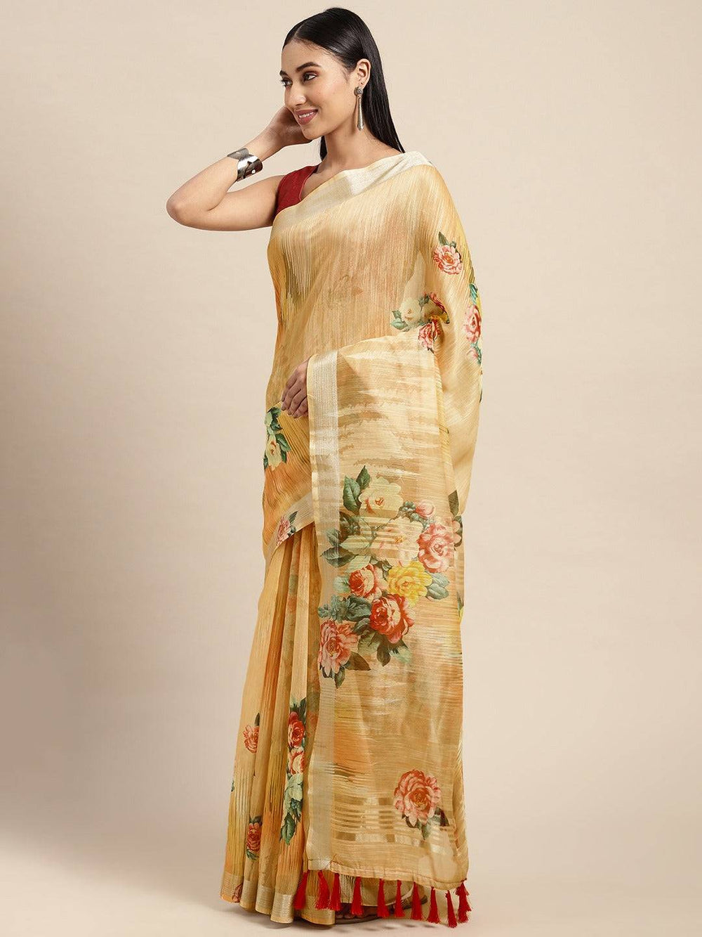  Digital Flower Print Desine Soft Linen Saree