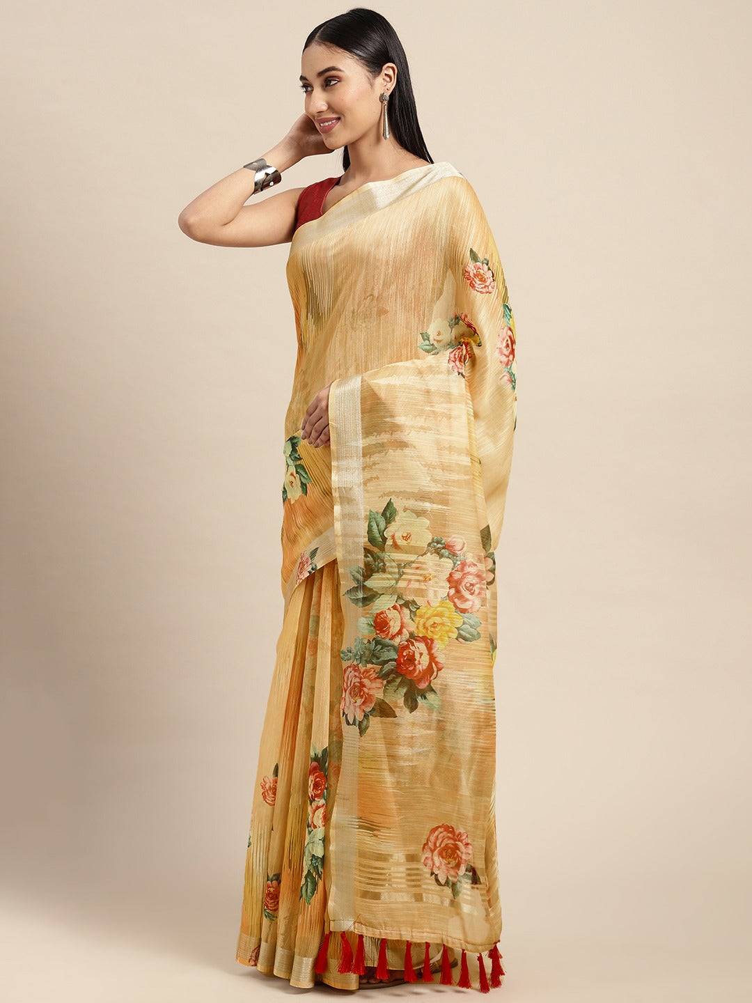  Digital Flower Print Desine Soft Linen Saree