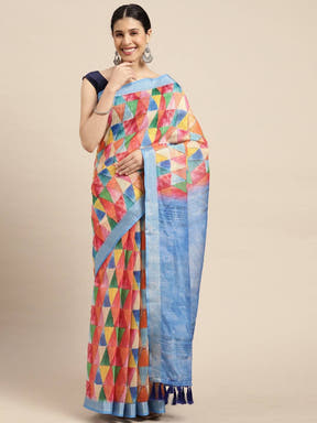 Digital Block Print Desine Soft Linen Saree