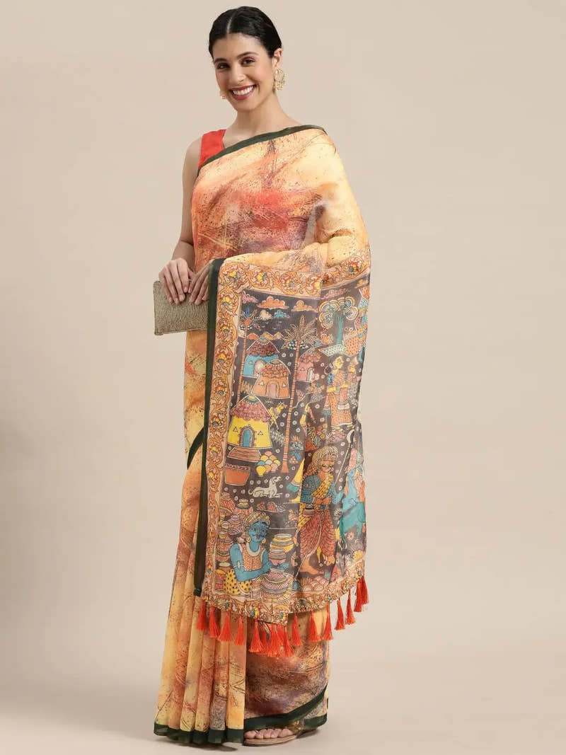 Mustard Colour Kalamkari Digital Print Soft Linen Saree