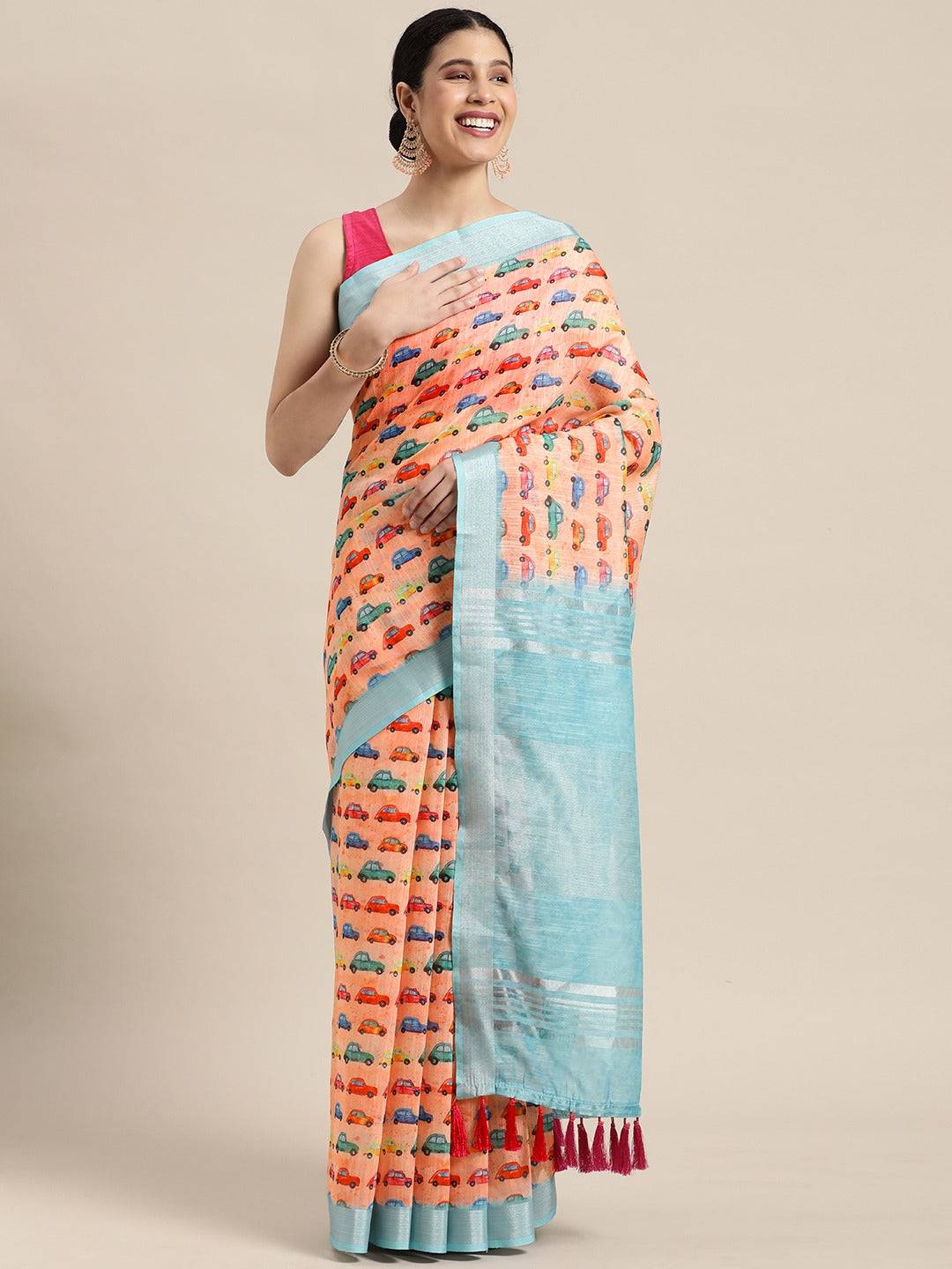Trendy Car Print Soft Linen Saree