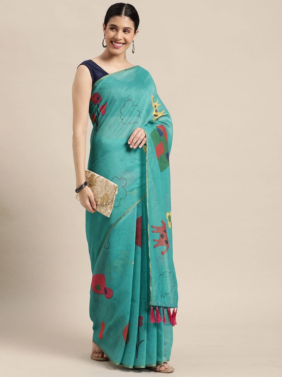  Digital Print Kalamakri Desine Soft Linen Saree